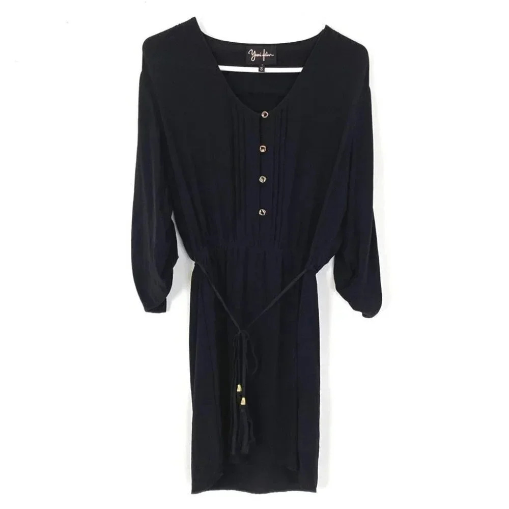 Yumi Kim Silk Dress Womens Size Small Black Tie Waist Button Down Top